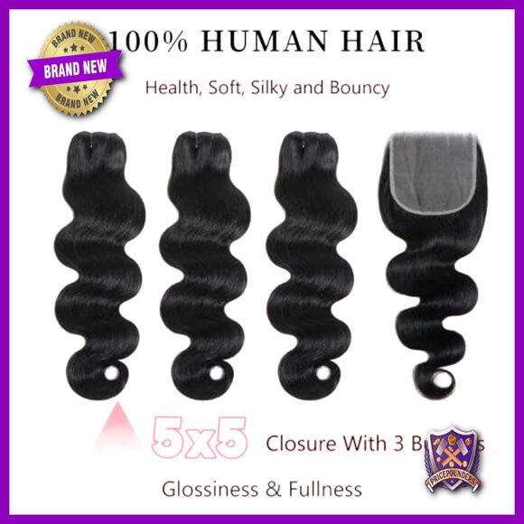 Body Wave Human Hair Extensions 20-24 Inch 3 Bundles with 5x5 HD Lace Closure main image 4